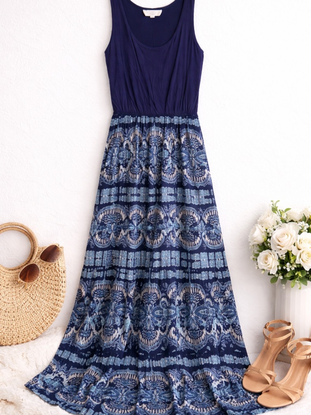 Sleeveless Navy Blue Patterned Maxi Dress